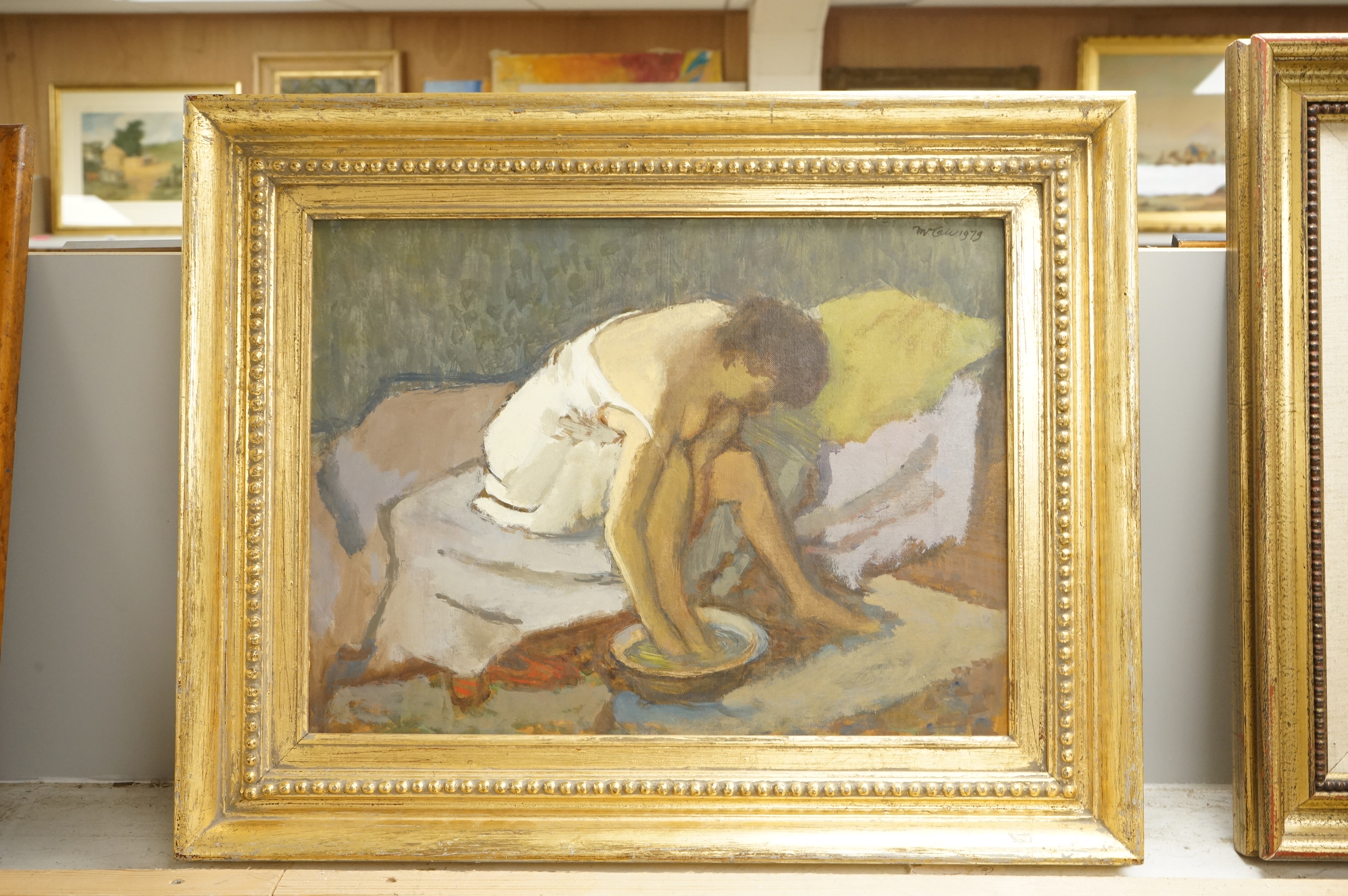 Charles McCall (Scottish, 1907-1989), 'The Footbath', signed and dated 1979, various labels to include Christies, St. James, London, September 1995 verso, oil on board, 29 x 39cm